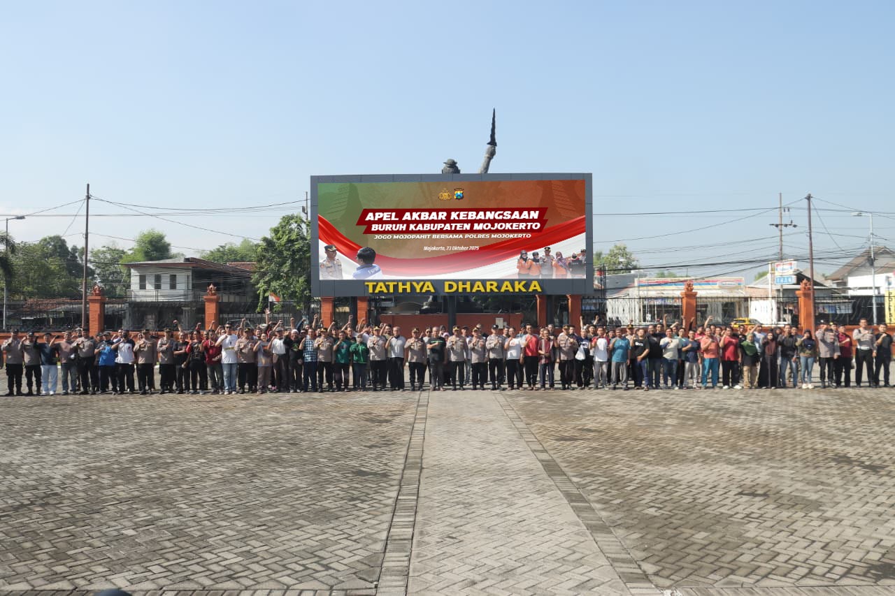 Polres Mojokerto Gelar Apel Akbar Kebangsaan, Perkuat Sinergi Polri dan Buruh Jaga Keutuhan NKRI